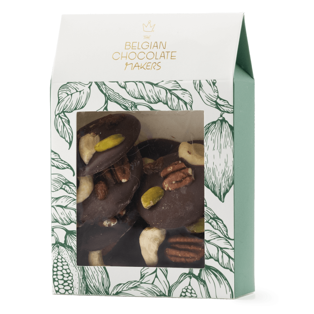 Dark chocolate mendiants with cashew, pistachio, raisin and pecan chunks 5407008470272 The Belgian Chocolate Makers