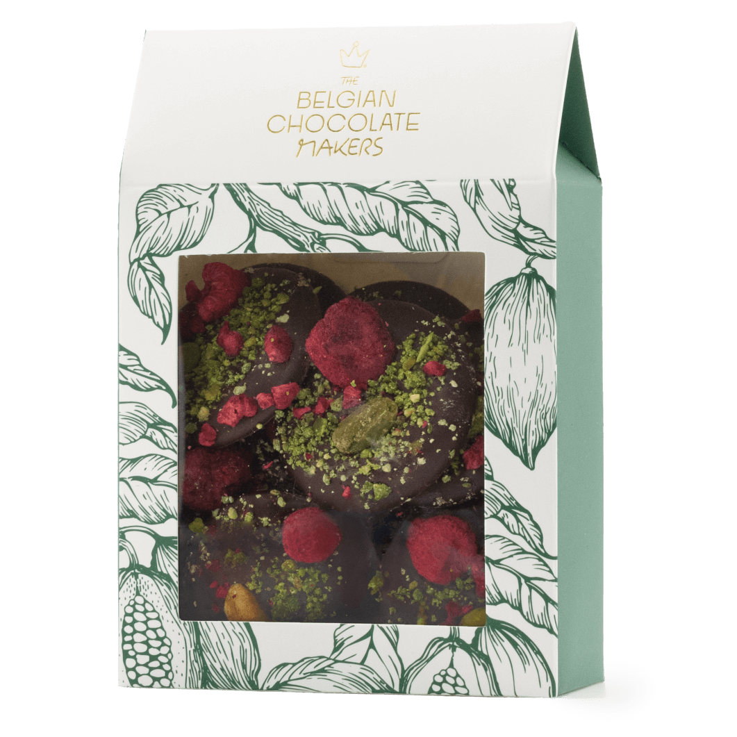 Dark chocolate mendiants with raspberry and pistachio chunks 5407008470340 The Belgian Chocolate Makers