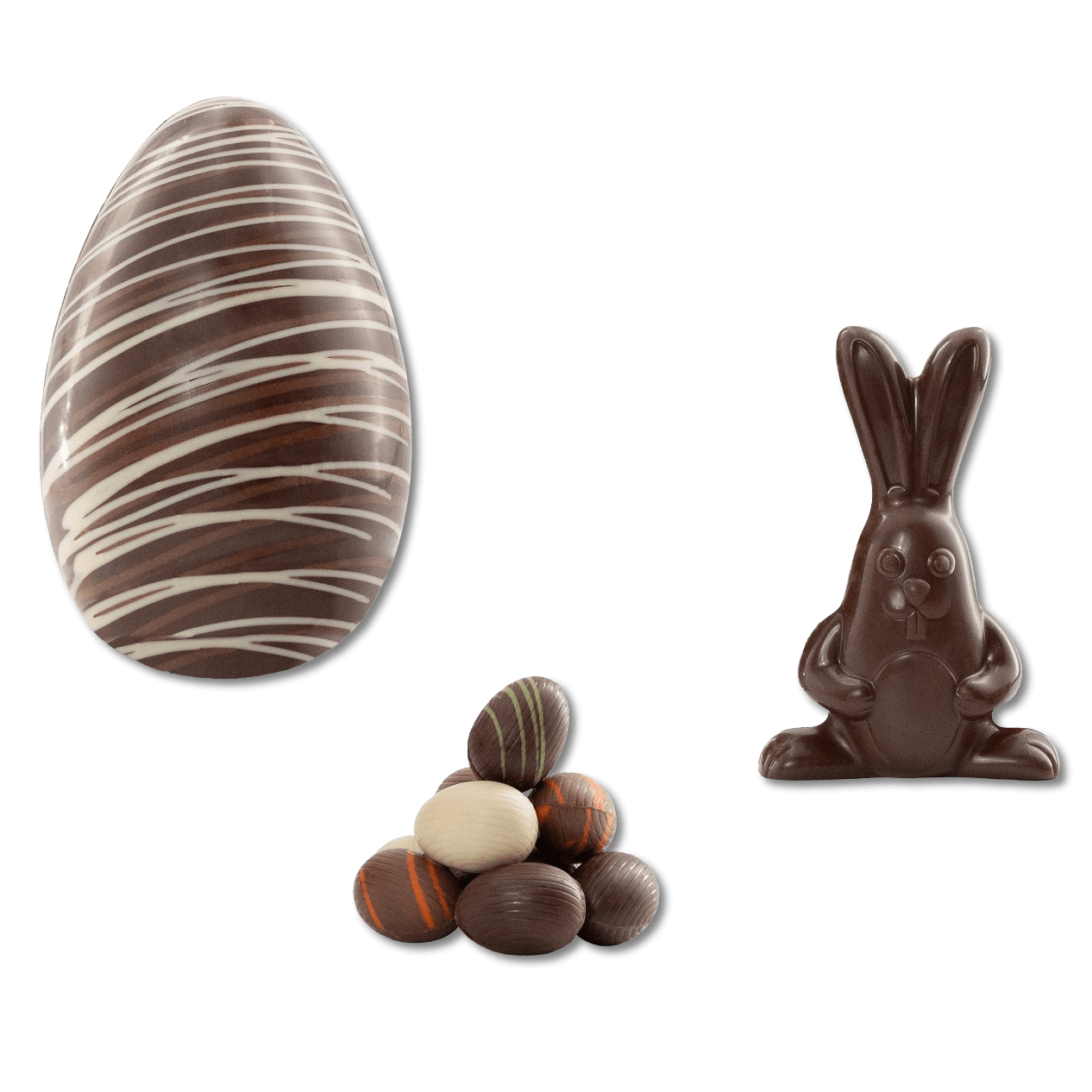 Dark chocolate stripped Easter egg 200g with mini eggs and a bunny 5407008471651 The Belgian Chocolate Makers