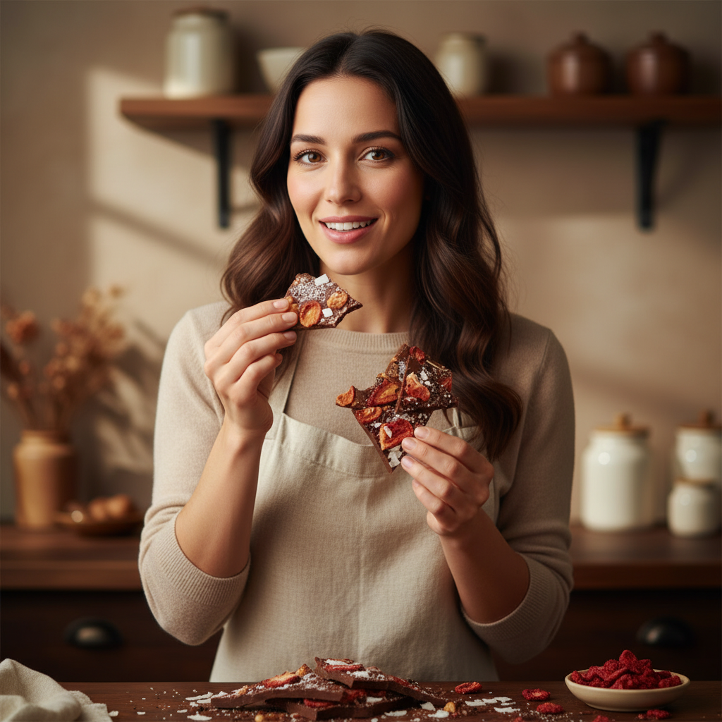 Milk chocolate broken bars with coconut, strawberry, cacao nibs
