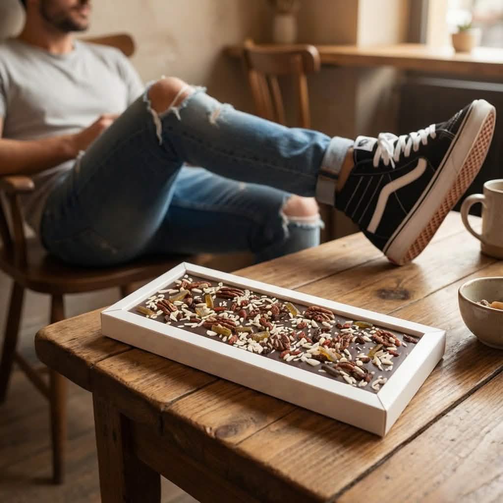 Fantasy dark chocolate bar 550 grs with pecan nut, goji berry, lemon and almond chunks 5407008479008 The Belgian Chocolate Makers