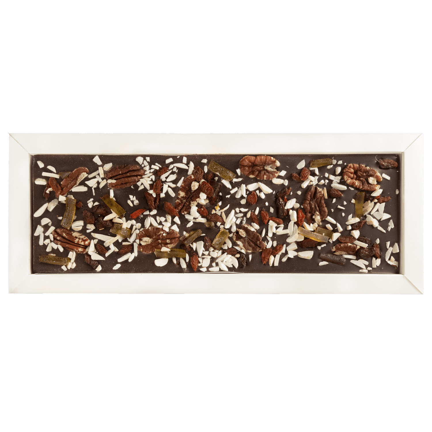 Fantasy dark chocolate bar 550 grs with pecan nut, goji berry, lemon and almond chunks 5407008479008 The Belgian Chocolate Makers