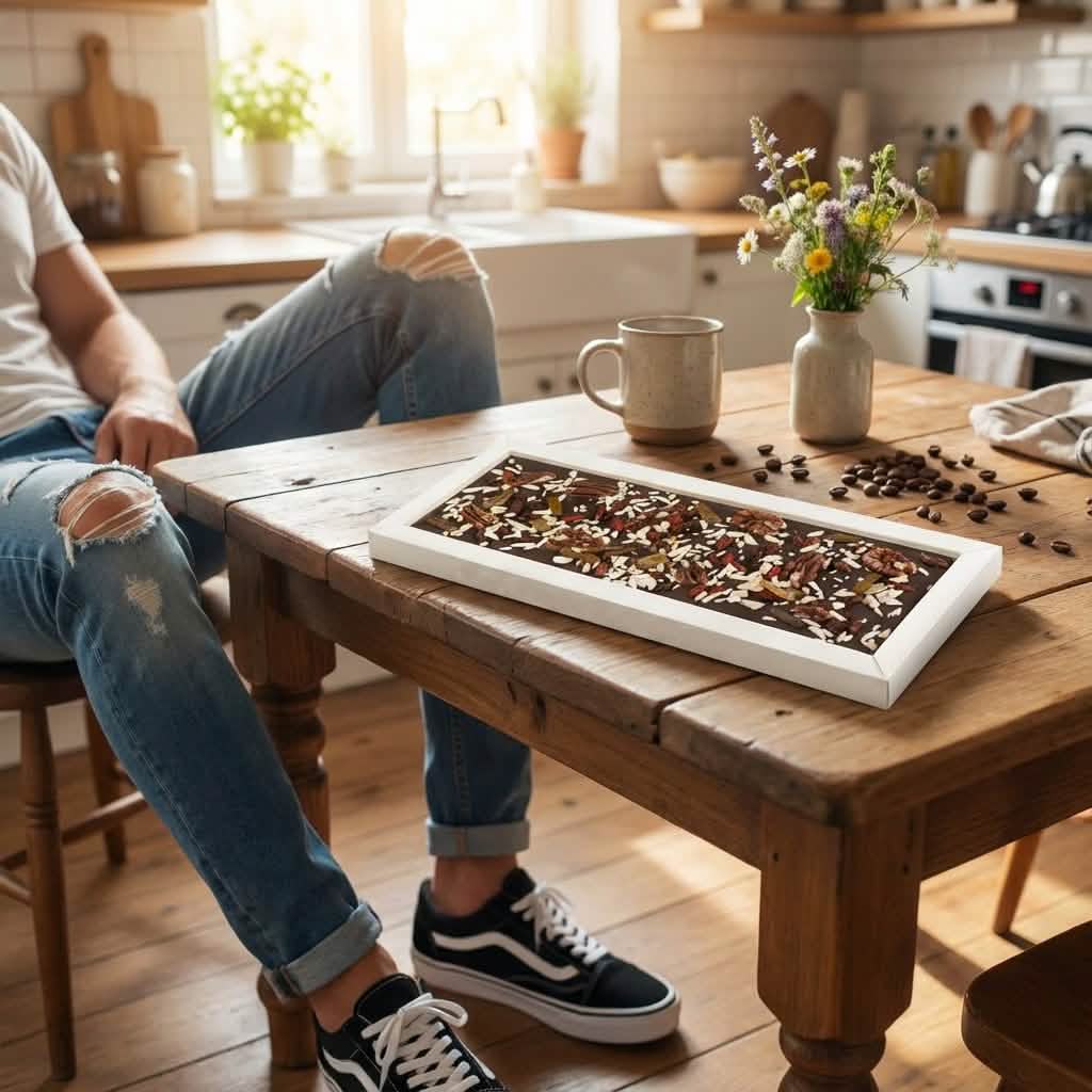 Fantasy dark chocolate bar 550 grs with pecan nut, goji berry, lemon and almond chunks 5407008479008 The Belgian Chocolate Makers