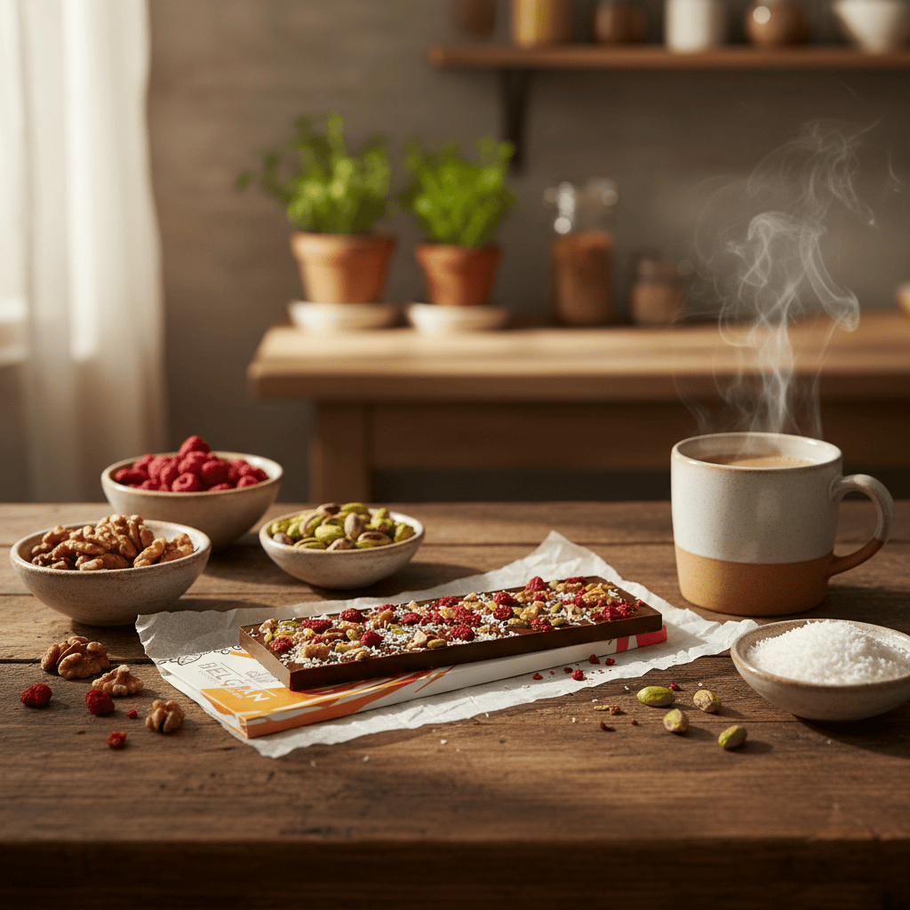 Fantasy milk chocolate bar 375 grs with walnut, pistachio, raspberry and coconut chunks 5407008479091 The Belgian Chocolate Makers