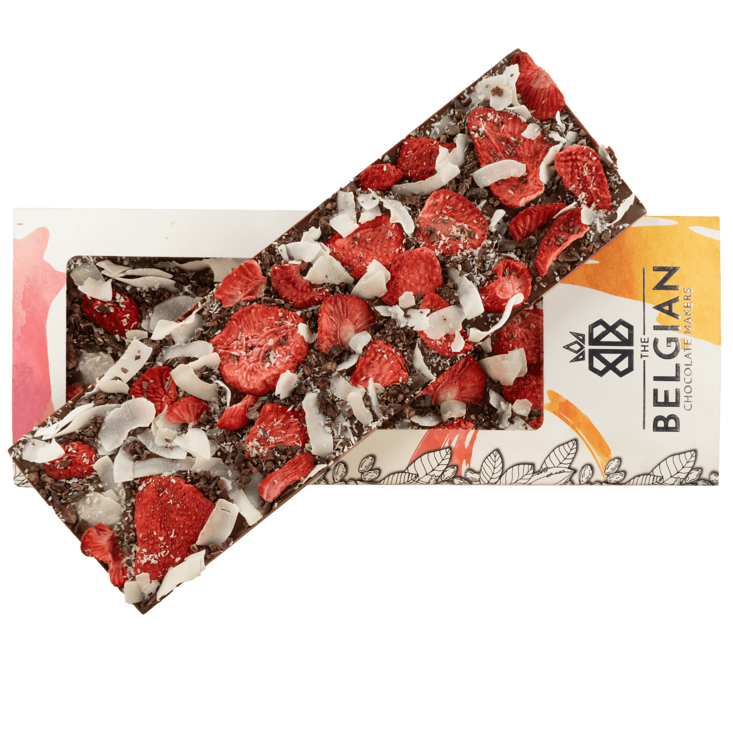 Fantasy milk chocolate bar 550 grs with cacao nibs, strawberry and coconut chunks 5407008479022 The Belgian Chocolate Makers