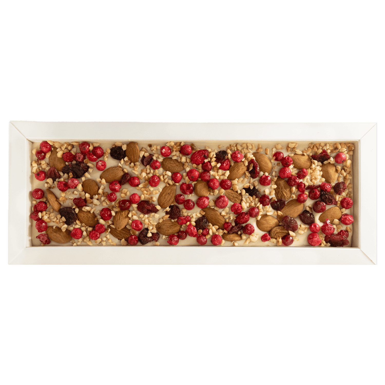 Fantasy white chocolate bar 550 grs with almond, cranberry, redcurrant and hazelnut chunks 5407008479039 The Belgian Chocolate Makers