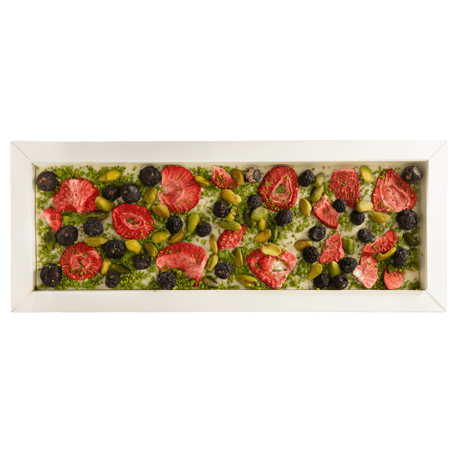 Fantasy white chocolate bar 550 grs with strawberry, pistachio and blueberry chunks 5407008479077 The Belgian Chocolate Makers