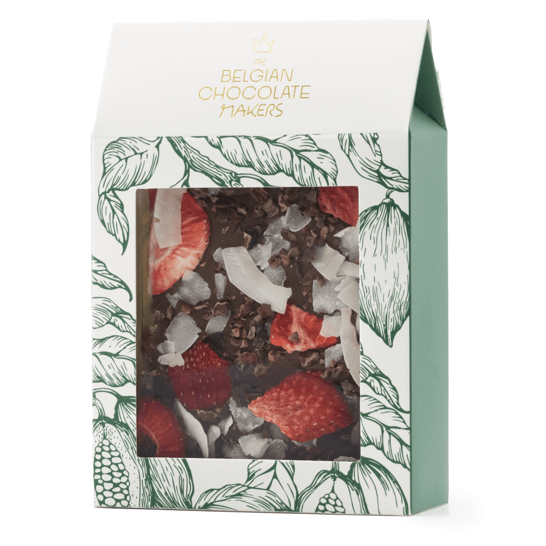 Milk chocolate broken bars with coconut, strawberry, cacao nibs 5407008479237 The Belgian Chocolate Makers