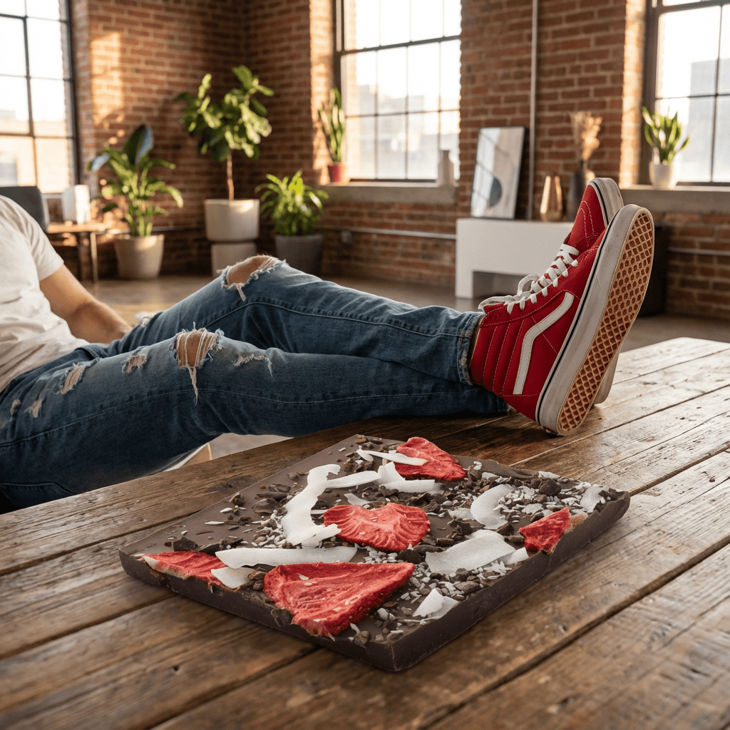 Milk chocolate broken bars with coconut, strawberry, cacao nibs 5407008479237 The Belgian Chocolate Makers