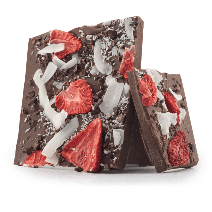 Milk chocolate broken bars with coconut, strawberry, cacao nibs 5407008479237 The Belgian Chocolate Makers