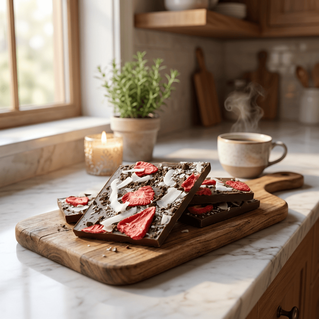 Milk chocolate broken bars with coconut, strawberry, cacao nibs 5407008479237 The Belgian Chocolate Makers