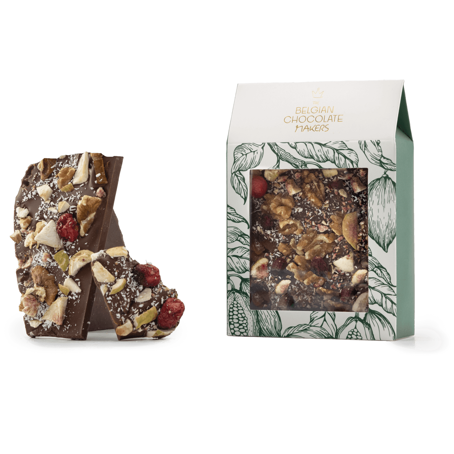 Milk chocolate broken bars with fig, lemon, cranberry, walnut, coconut 5407008479558 The Belgian Chocolate Makers