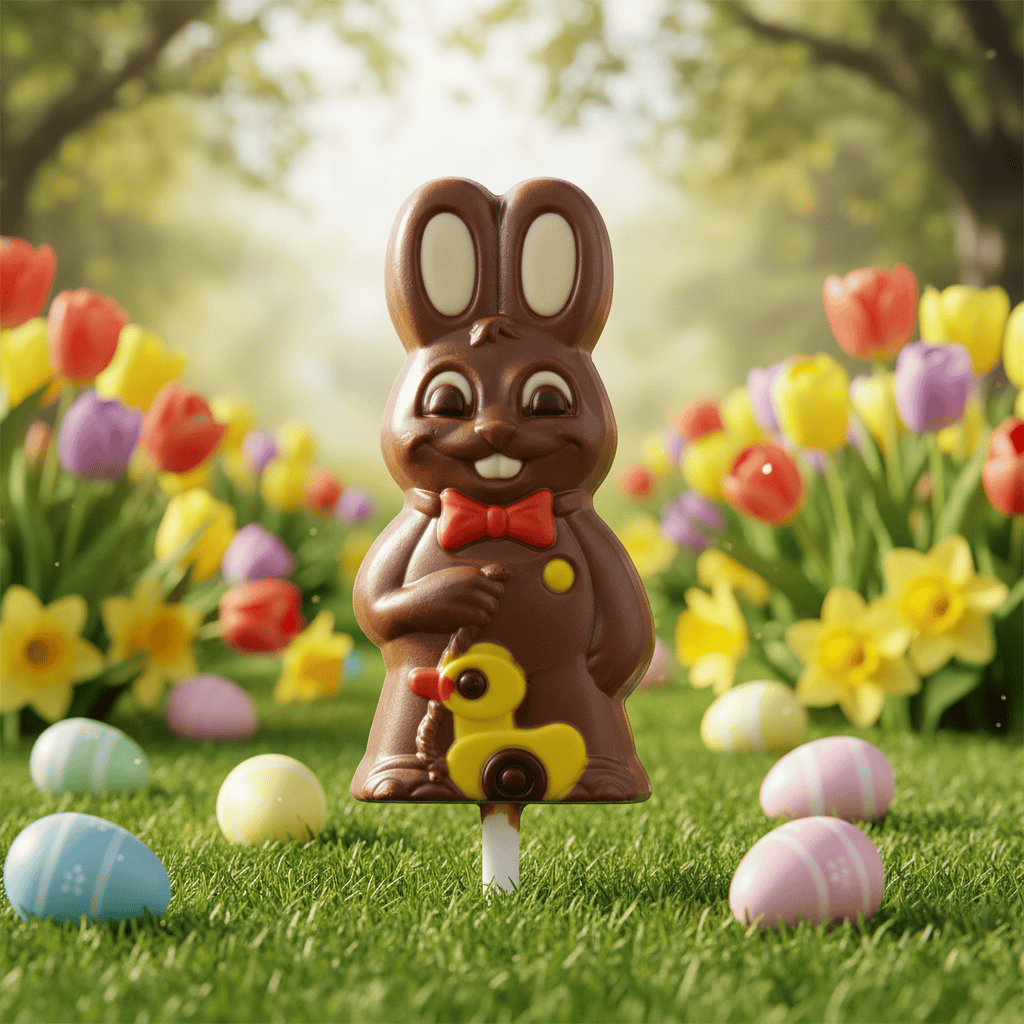 Milk chocolate bunny with duck lollipop 20g 5407008477523 The Belgian Chocolate Makers