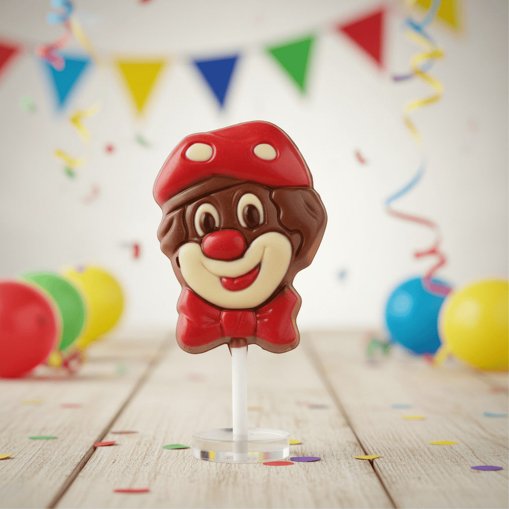 Milk chocolate clown lollipop 30g 5407008476694 The Belgian Chocolate Makers