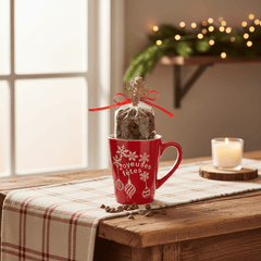 Milk chocolate drops in a festive mug 200g 5407008474812 The Belgian Chocolate Makers