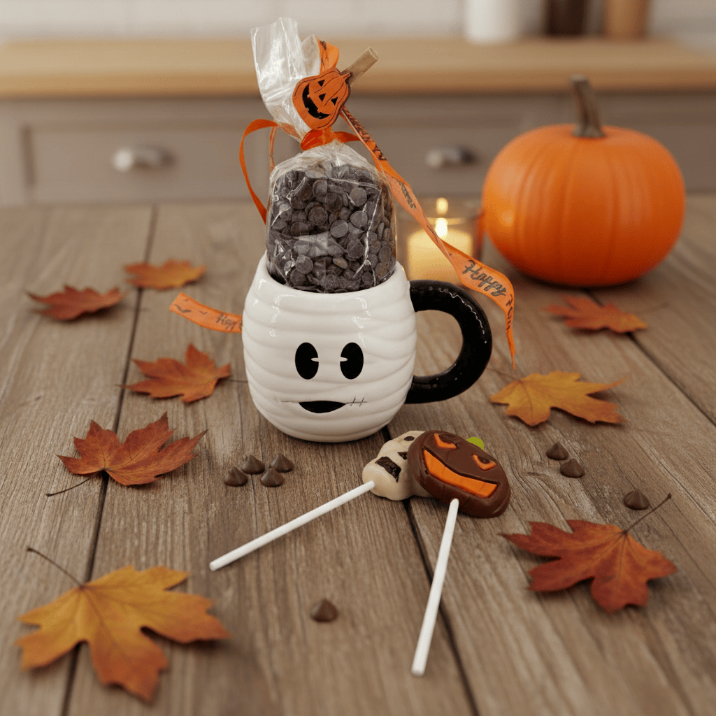 Milk chocolate drops in cup mummy with lollipops 5407008470203 The Belgian Chocolate Makers