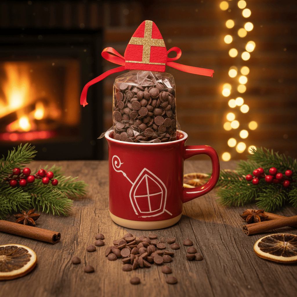 Milk chocolate drops in Saint Nicholas mug 200g 5407008477752 The Belgian Chocolate Makers