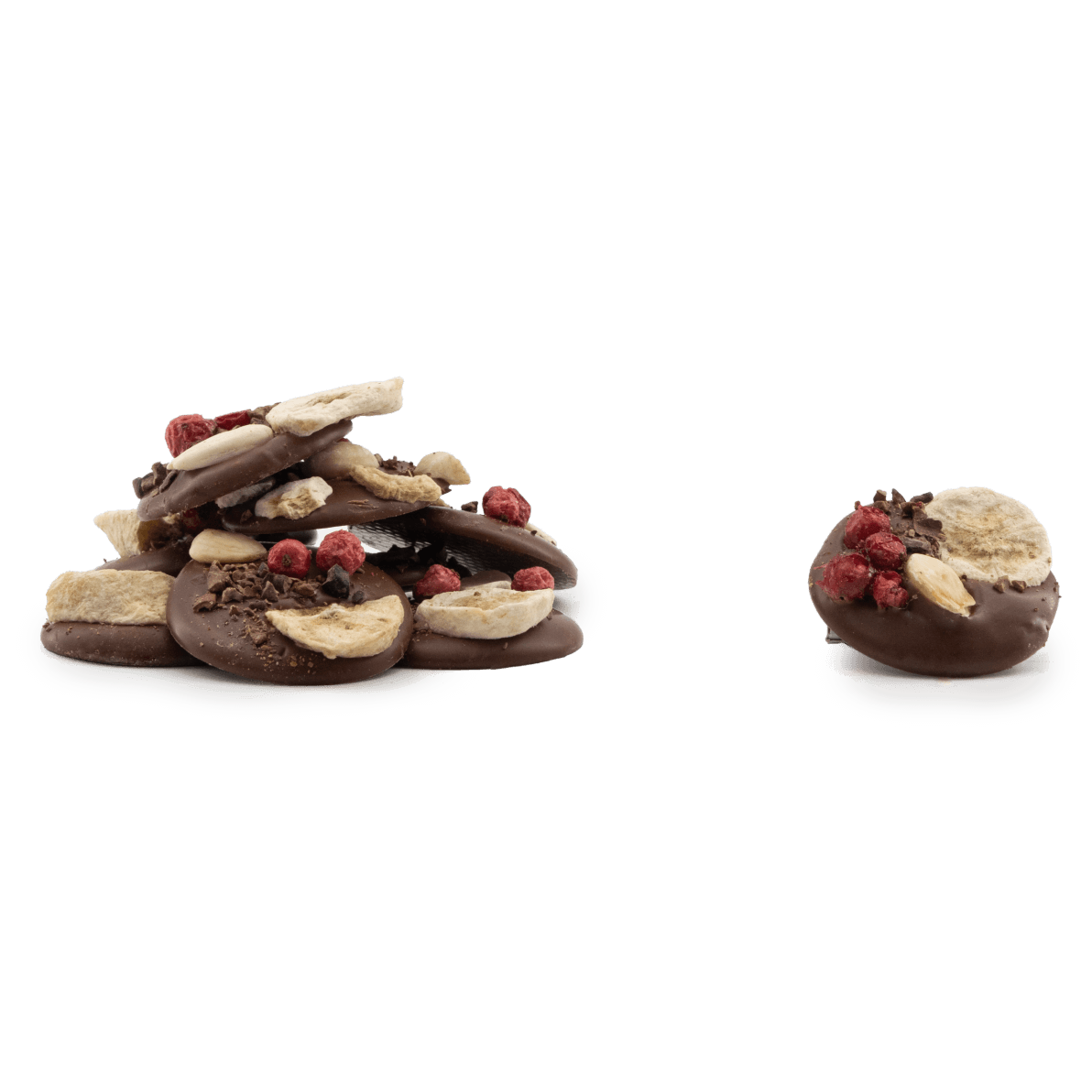 Milk chocolate mendiants with banana, almond, red currants and cacao nibs chunks 5407008470302 The Belgian Chocolate Makers