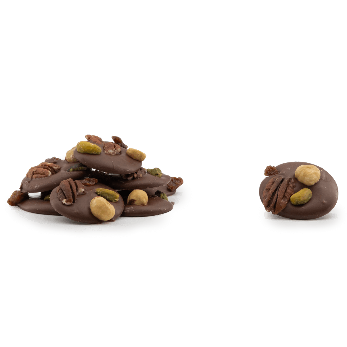 Milk chocolate mendiants with pecan, pistachio, raisin and hazelnut chunks 5407008470319 The Belgian Chocolate Makers
