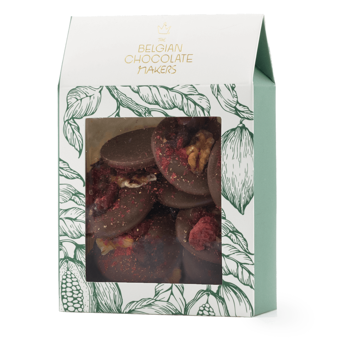 Milk chocolate mendiants with walnut, cranberry, blackcurrant and raspberry chunks 5407008474737 The Belgian Chocolate Makers