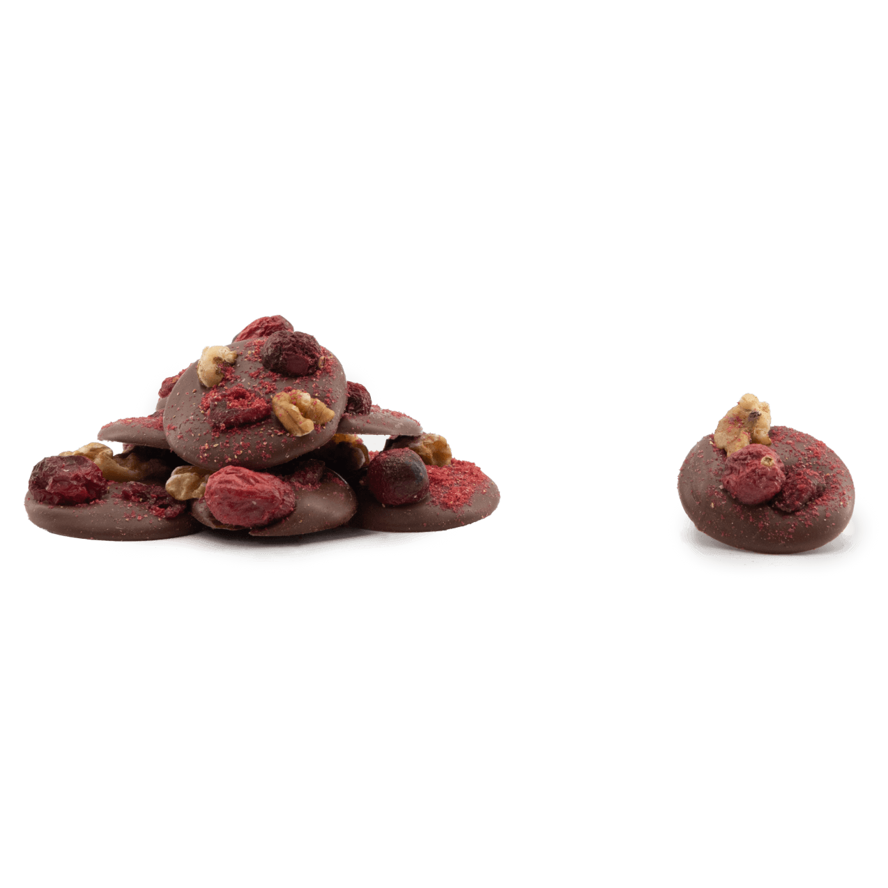 Milk chocolate mendiants with walnut, cranberry, blackcurrant and raspberry chunks 5407008474737 The Belgian Chocolate Makers