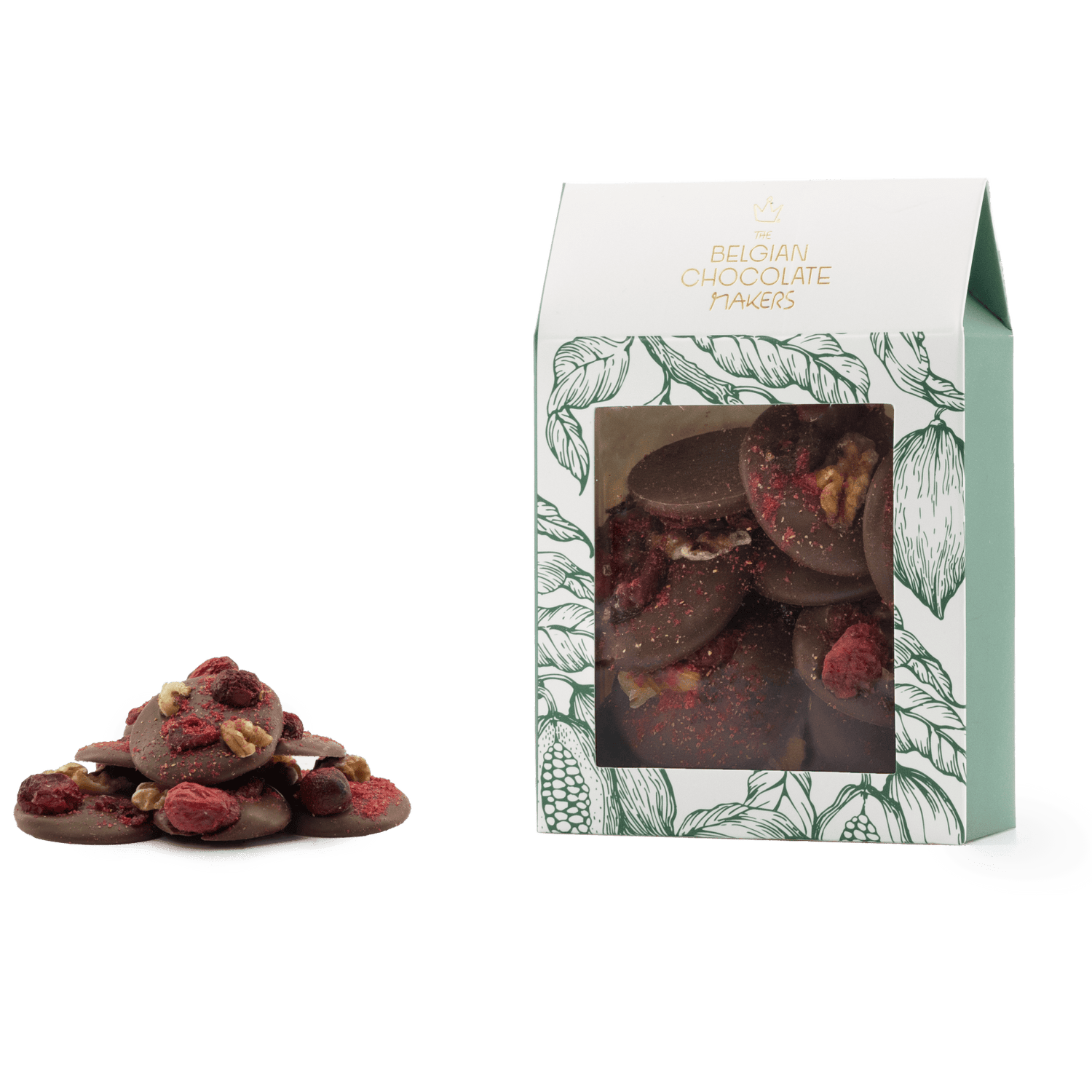 Milk chocolate mendiants with walnut, cranberry, blackcurrant and raspberry chunks 5407008474737 The Belgian Chocolate Makers