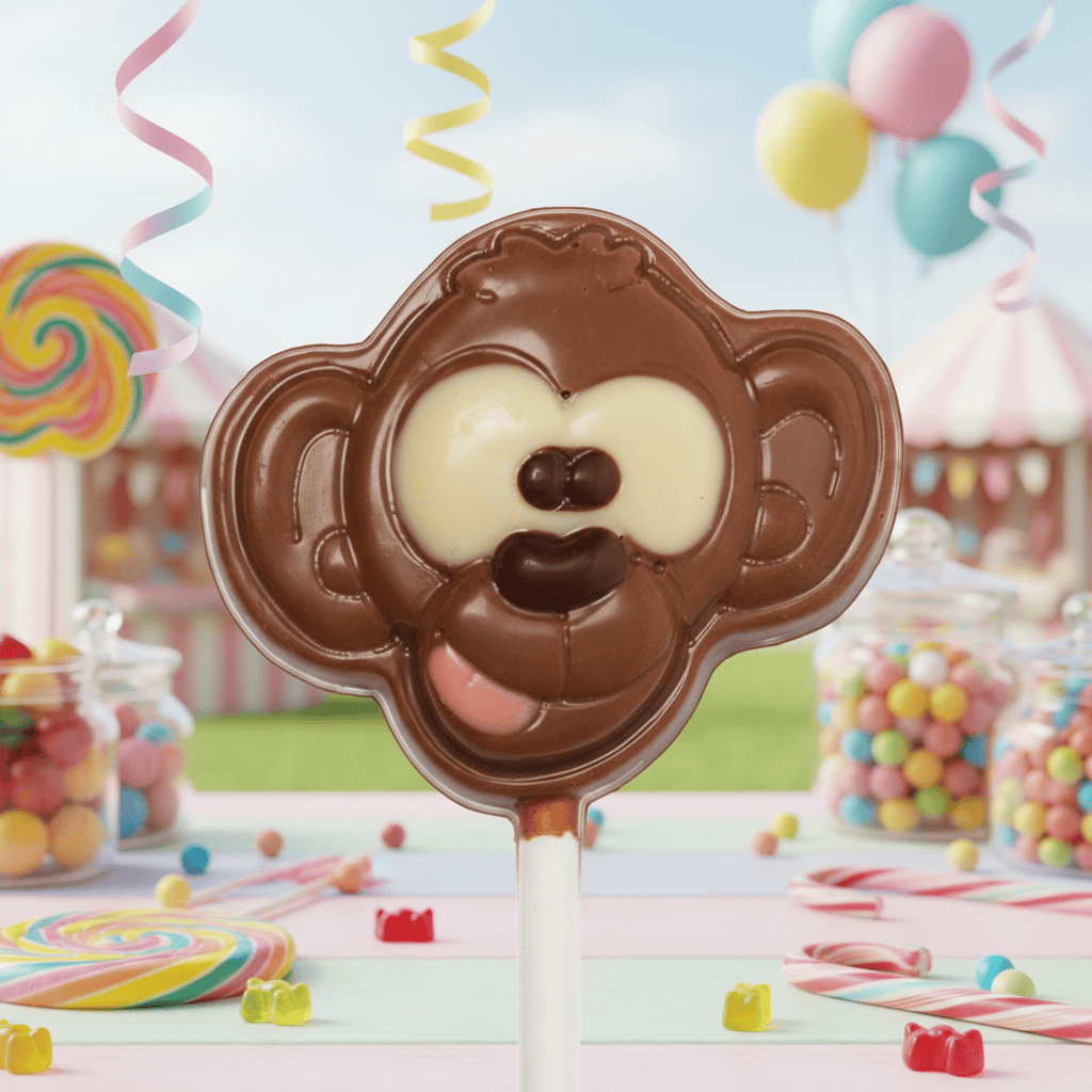 Milk chocolate monkey lollipop 20g 5407008472368 The Belgian Chocolate Makers