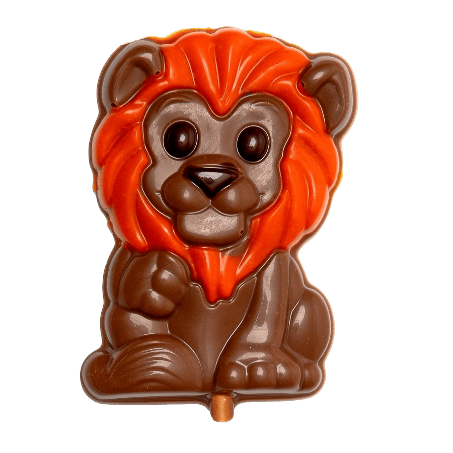 Milk chocolate orange mane lion lollipop 25g 5407008477486 The Belgian Chocolate Makers