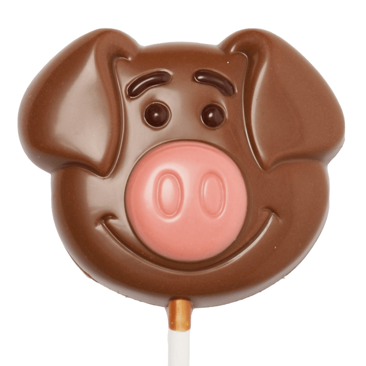 Milk chocolate pig lollipop 20g 5407008476403 The Belgian Chocolate Makers