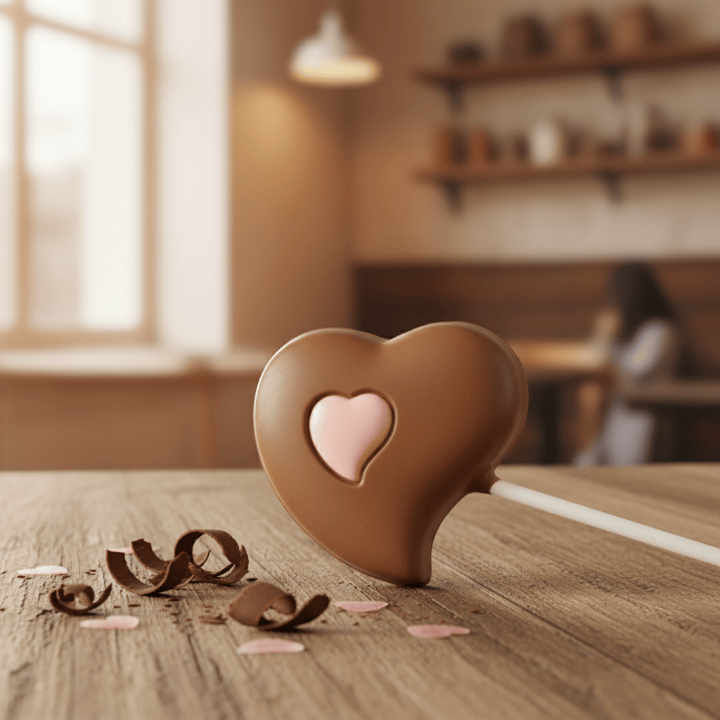 Milk chocolate pink heart lollipop 25g 5407008477110 The Belgian Chocolate Makers