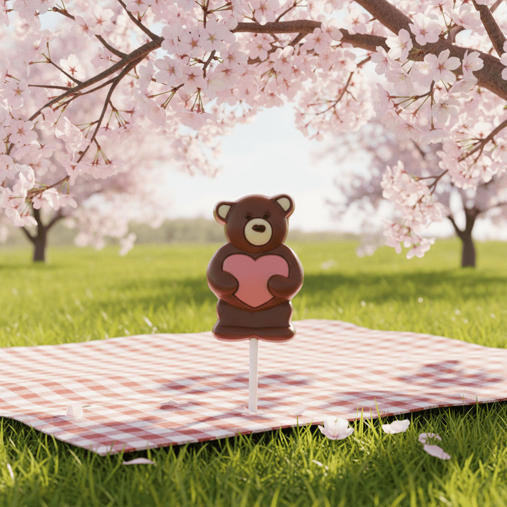 Milk chocolate pink heart teddy bear lollipop 20g 5407008476380 The Belgian Chocolate Makers