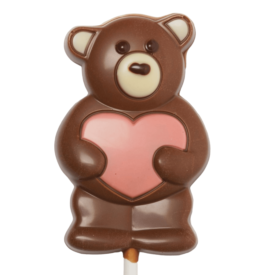 Milk chocolate pink heart teddy bear lollipop 20g 5407008476380 The Belgian Chocolate Makers