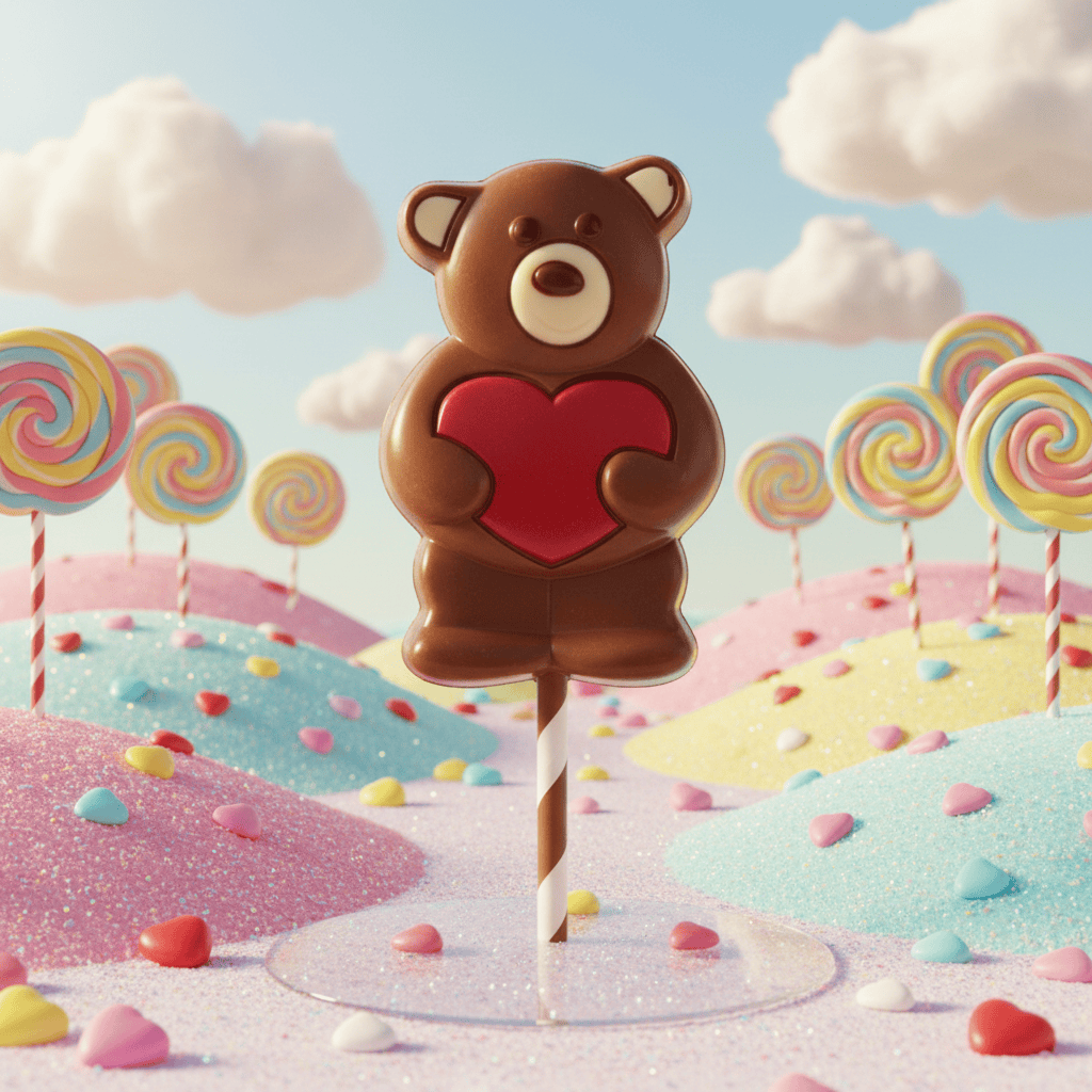 Milk chocolate red heart teddy bear lollipop 20g 5407008476397 The Belgian Chocolate Makers