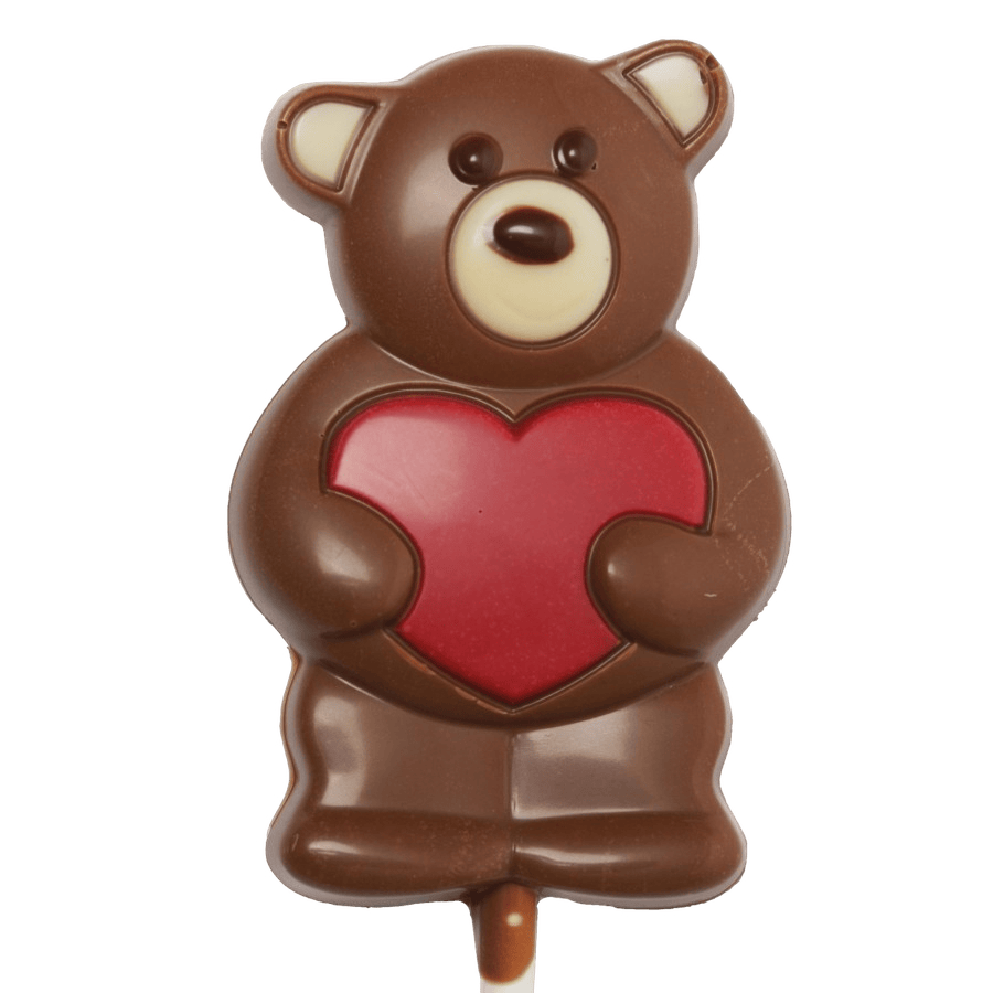 Milk chocolate red heart teddy bear lollipop 20g 5407008476397 The Belgian Chocolate Makers