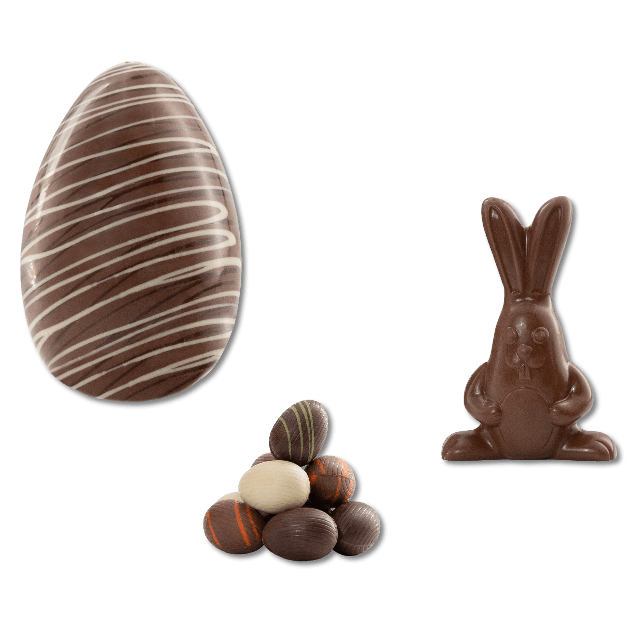 Milk chocolate stripped Easter egg 200g with mini eggs and a bunny 5407008471668 The Belgian Chocolate Makers