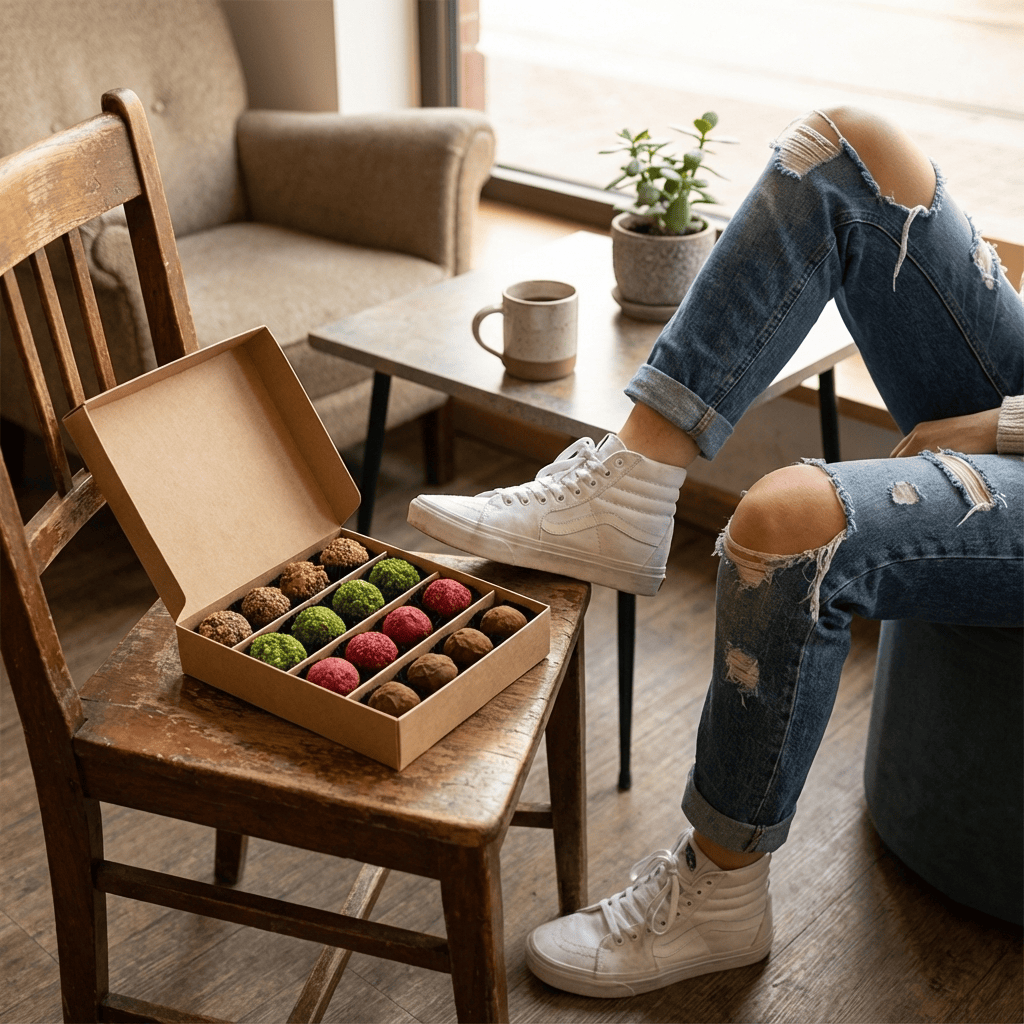 Mix of autumn Belgian truffles in a brown gift box 5407008474324 The Belgian Chocolate Makers