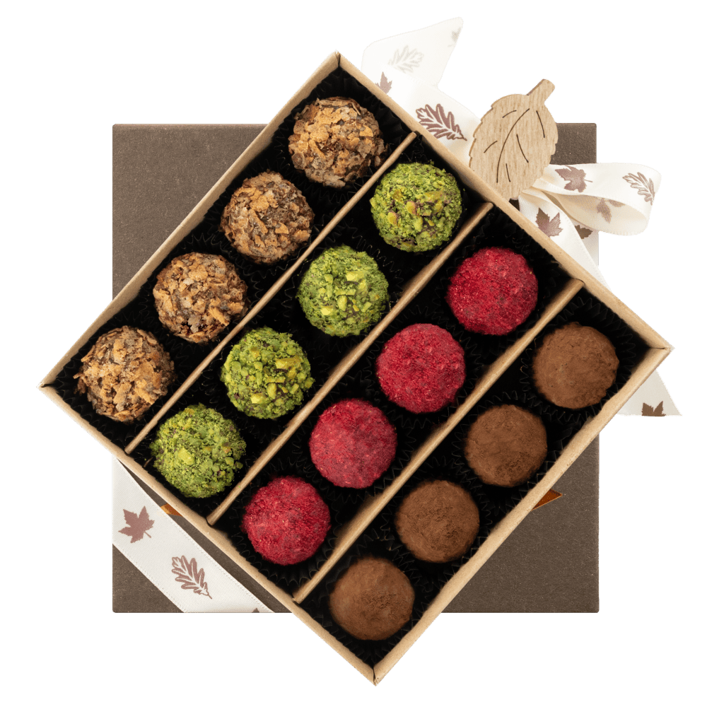 Mix of autumn Belgian truffles in a dark brown gift box 5407008477592 The Belgian Chocolate Makers