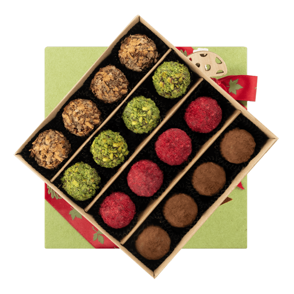 Mix of autumn Belgian truffles in a green gift box 5407008477615 The Belgian Chocolate Makers