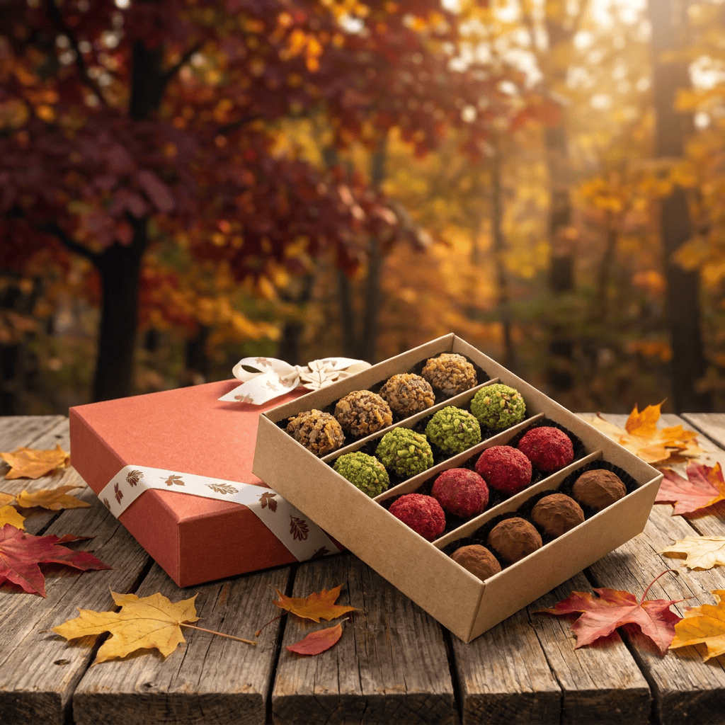 Mix of autumn Belgian truffles in a red gift box 5407008477608 The Belgian Chocolate Makers