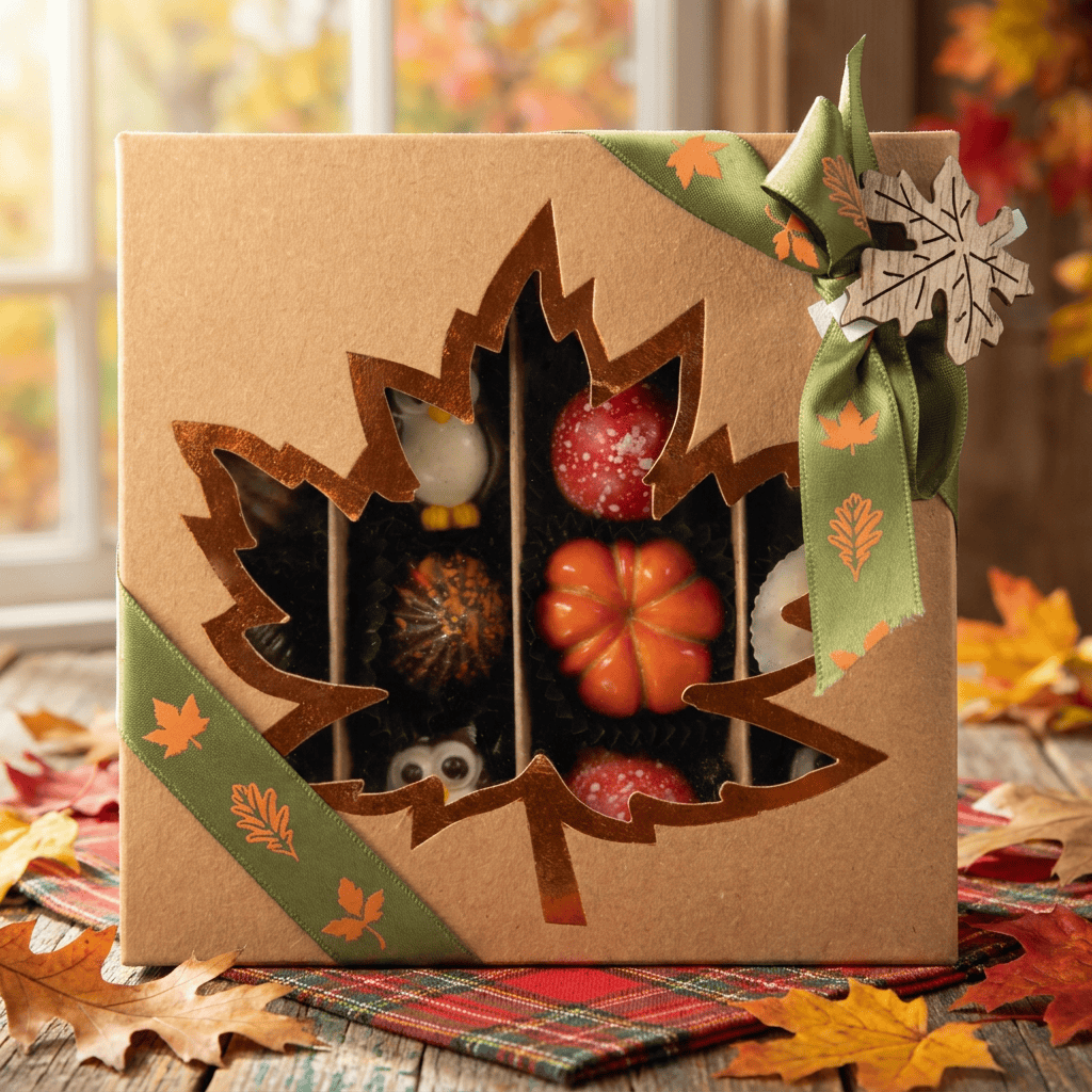 Mix of autumn pralines in a brown gift box 5407008474317 The Belgian Chocolate Makers