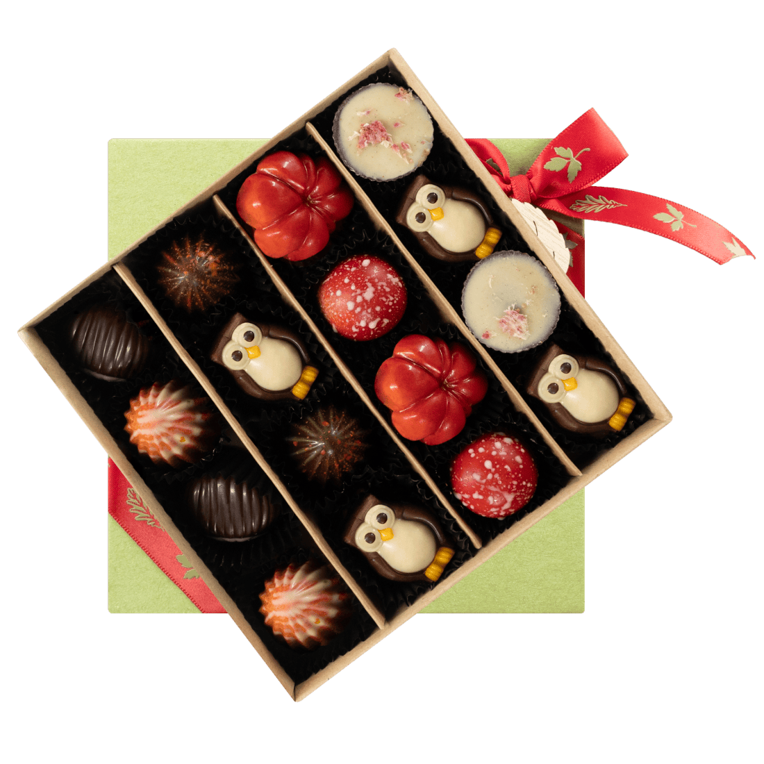 Mix of autumn pralines in a green gift box 5407008477578 The Belgian Chocolate Makers