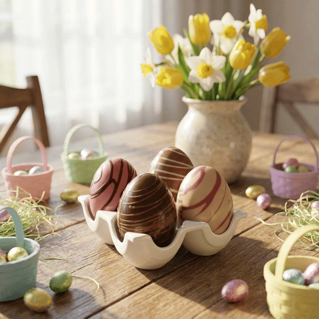 Porcelain egg cup with mini chocolate eggs (4x20g) 5407008477325 The Belgian Chocolate Makers
