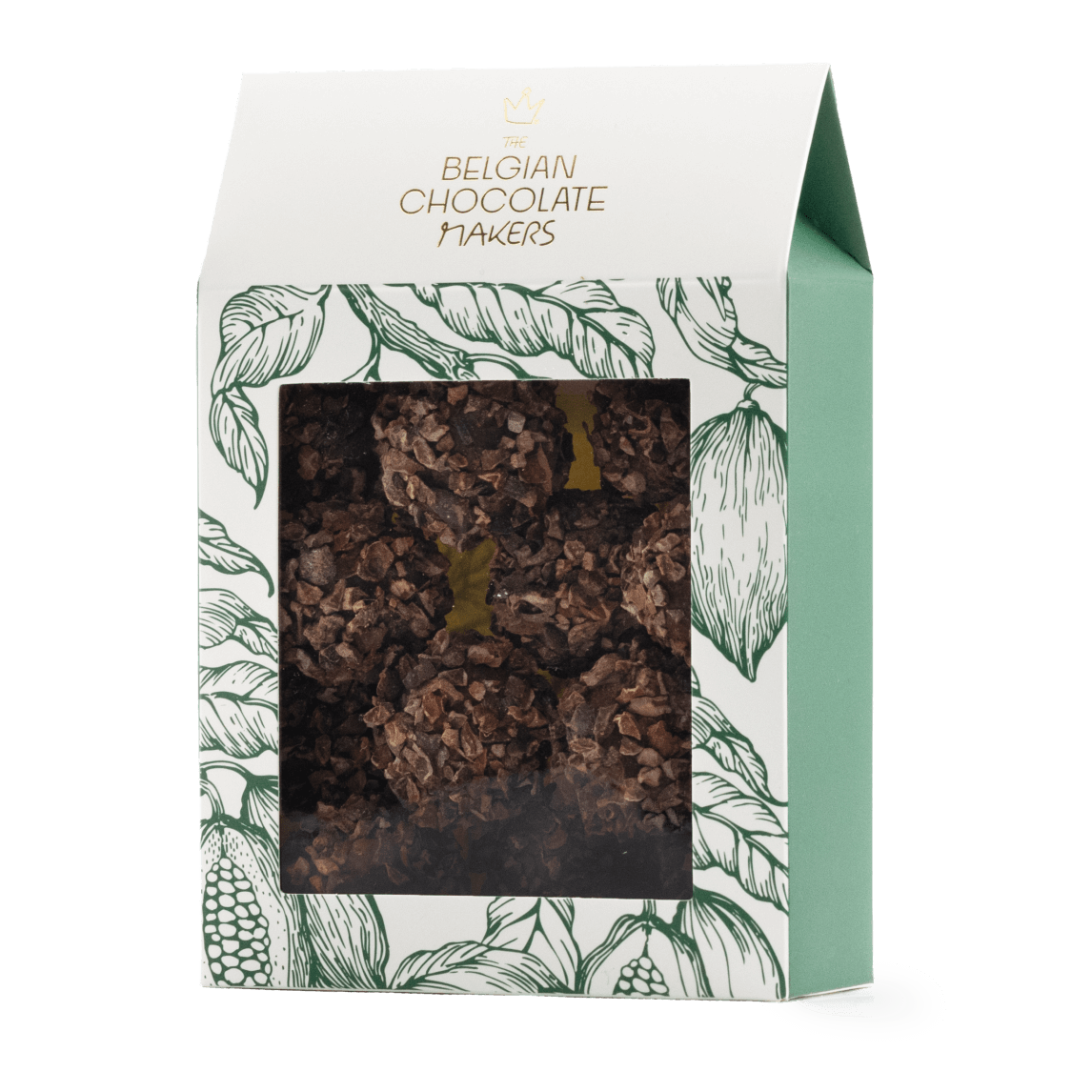 Pouch of Belgian truffles with cacao nibs coating 5407008471033 The Belgian Chocolate Makers