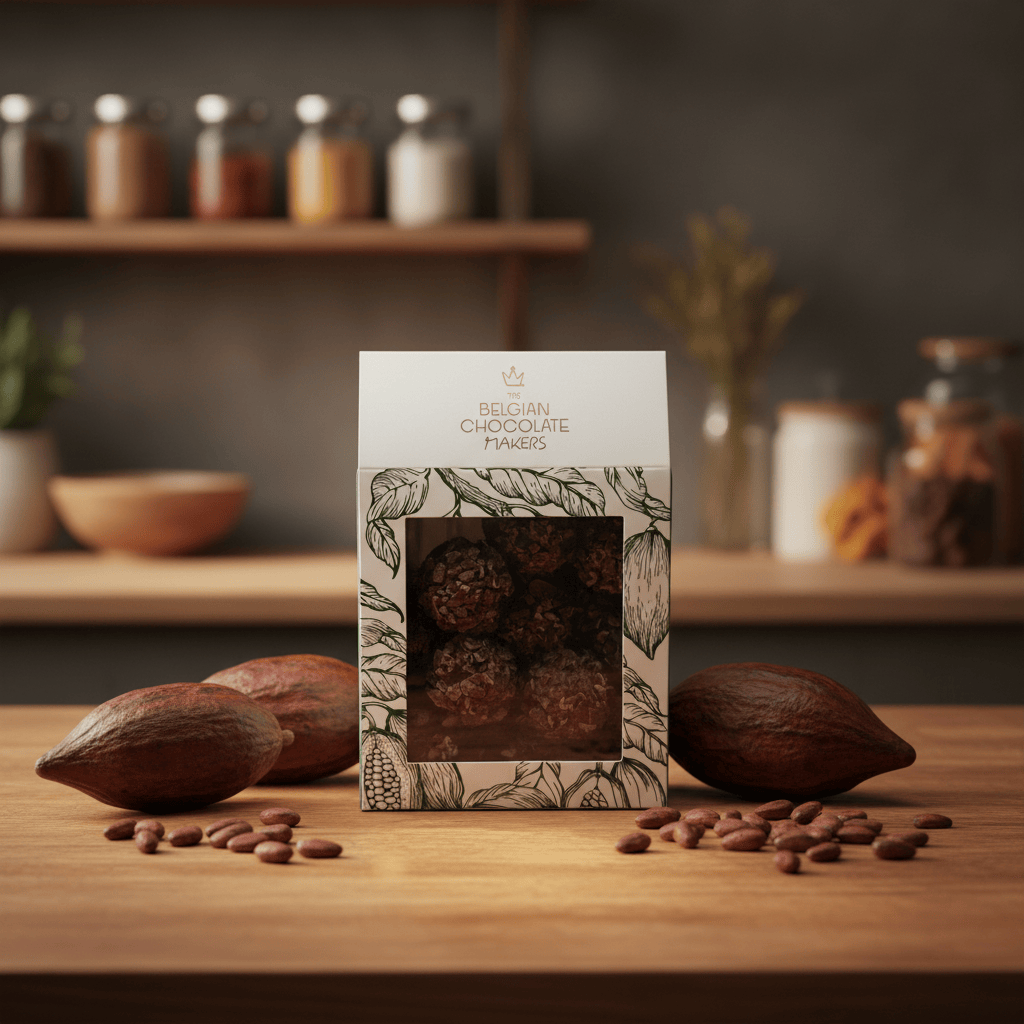 Pouch of Belgian truffles with cacao nibs coating 5407008471033 The Belgian Chocolate Makers