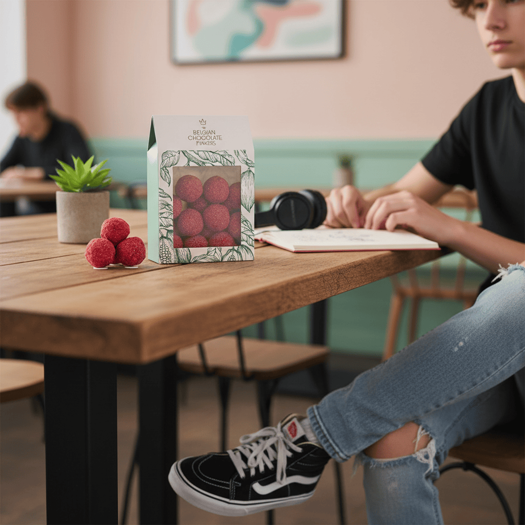 Pouch of Belgian truffles with raspberry coating 160g 5407008471071 The Belgian Chocolate Makers
