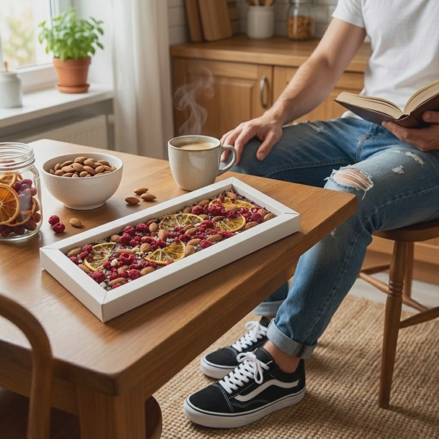 Fantasy dark chocolate bar 375 grs with raspberry, orange and almond chunks