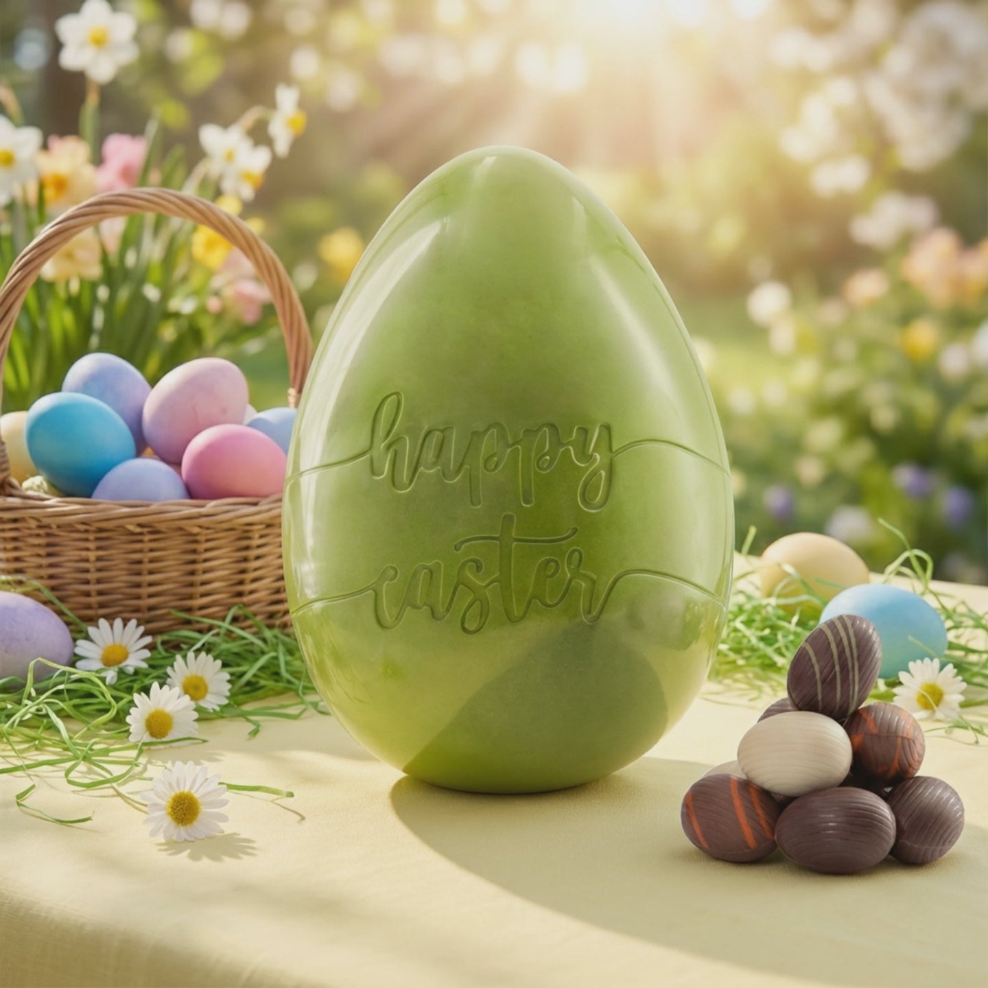 Œuf 'Joyeuses Pâques' avec œufs (foncé) 500 Grs