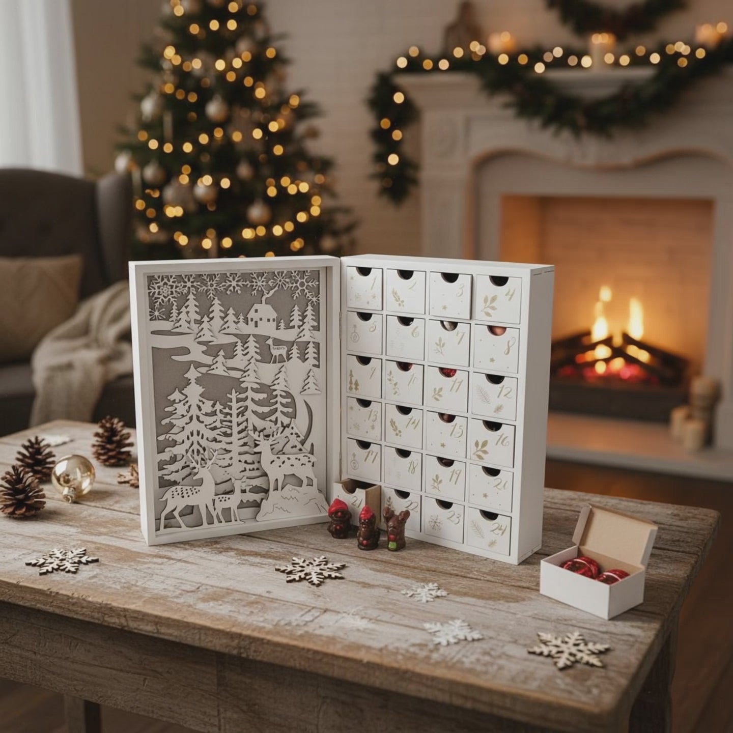 Wooden lighted advent calendar book 24 figurines