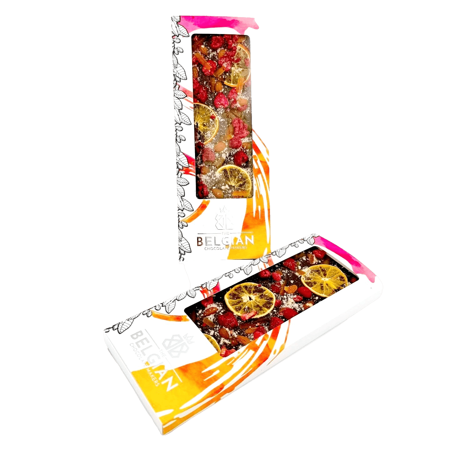 Fantasy dark chocolate bar 375 grs with raspberry, orange and almond chunks