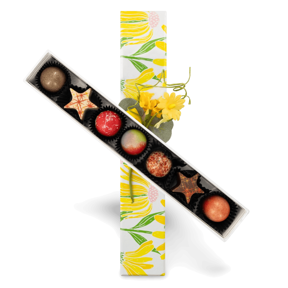 Sunny daisy box of assorted Belgian pralines 105g 5407008478360 The Belgian Chocolate Makers